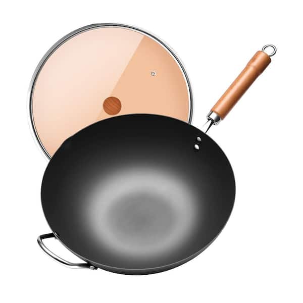 12.59 in. Flat Bottom Iron Wok Uncoated Finish Pure Iron Nonstick Heat Control for Induction Gas Electric Cooktops
