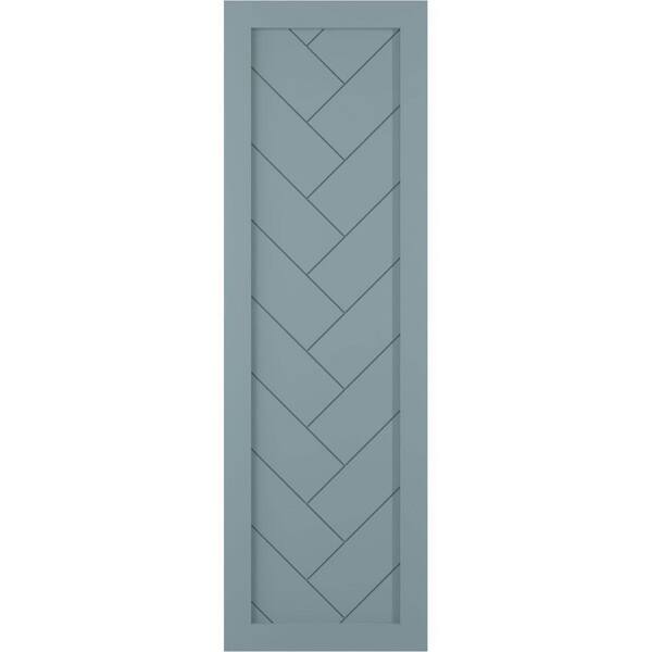 Ekena Millwork 12 in. x 67 in. PVC Single Panel Herringbone Modern Style Fixed Mount Board and Batten Shutters Pair in Peaceful Blue