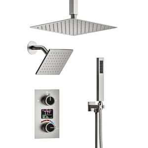 Single Handles 3-Spray Ceiling Mount 12 and 6 in. Shower Head Shower Faucet with Anti Scald in. Brushed Nickel