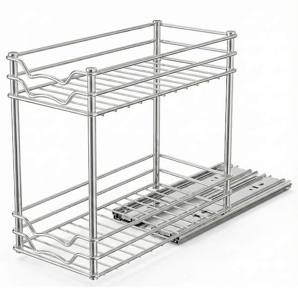 2 Tier Chrome Pull Out Cabinet Mount Spice Rack Organizer Vertical Sliding Seasoning Storage Shelf