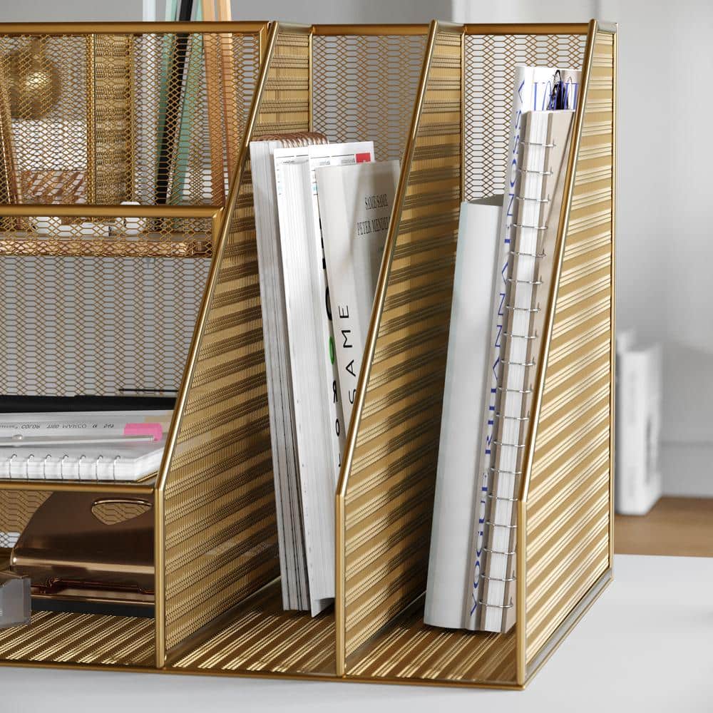 Gold Mesh Metal Large Desktop Organizer with File and Pen Holders