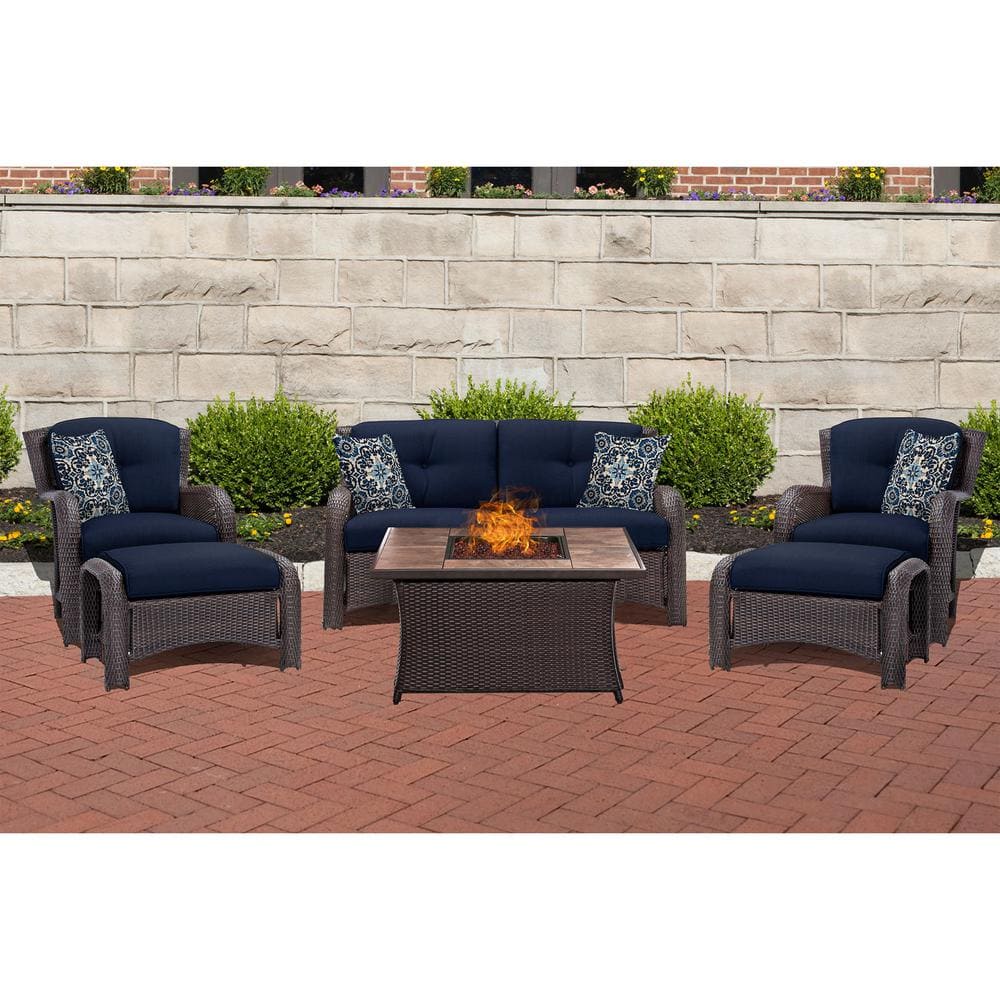 Hanover Strathmere 6-Piece Woven Patio Seating Set with Tile-Top Fire Pit and Navy Blue Cushions -  013964875300