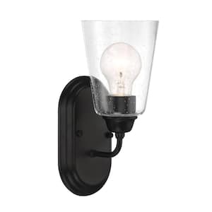 Zane 5 in. 1-Light Matte Black Industrial Wall Sconce with Clear Seedy Glass Shade