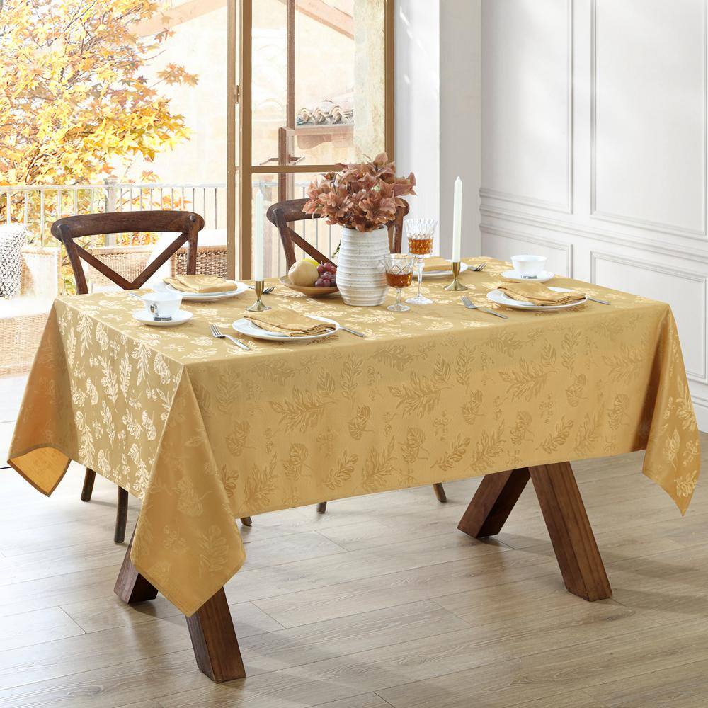 Gold Jacquard Woven Leaves Damask Rectangle Tablecloth 60" x 144"