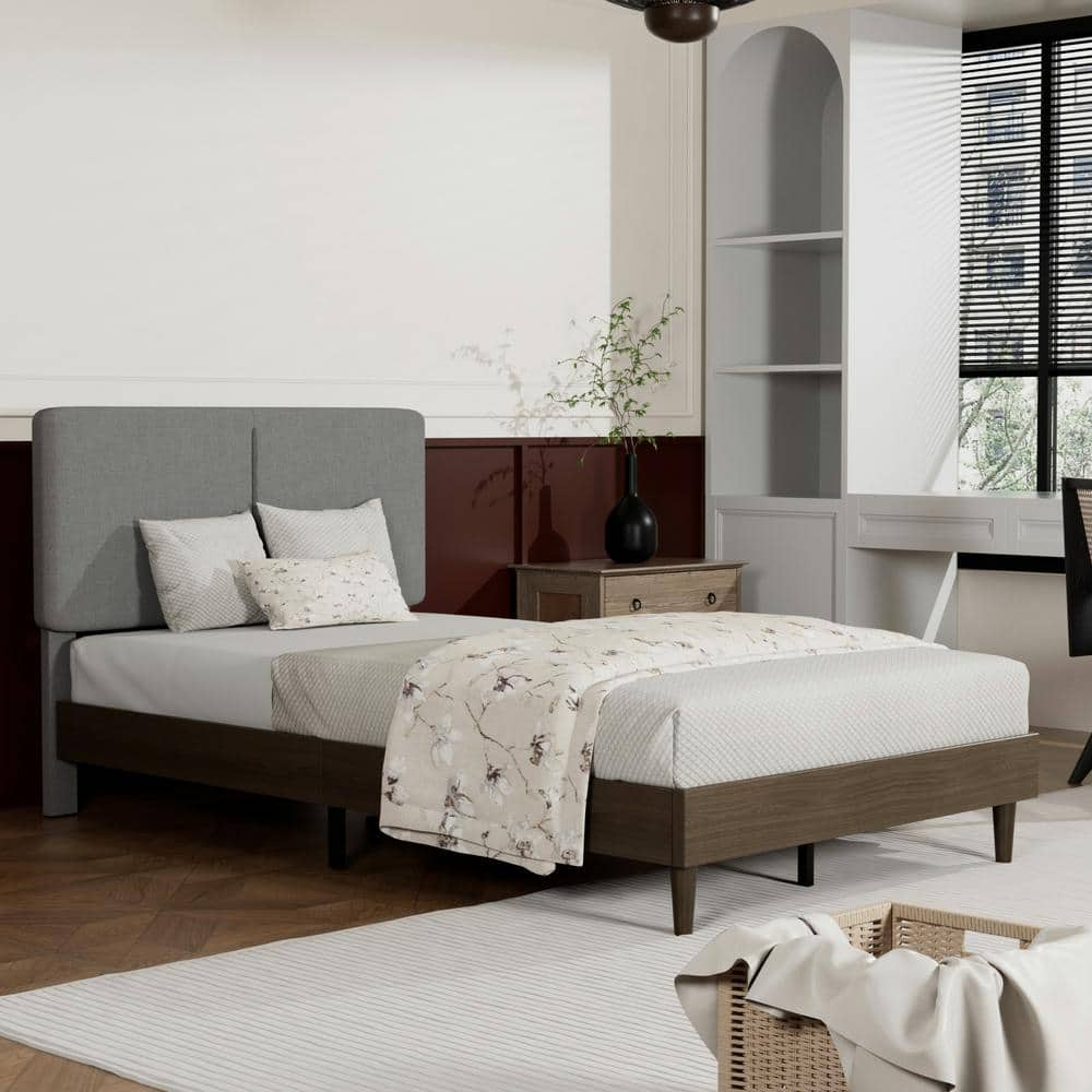 VECELO Upholstered Bed Frame With Linen Fabric Headboard, Strong Wood ...