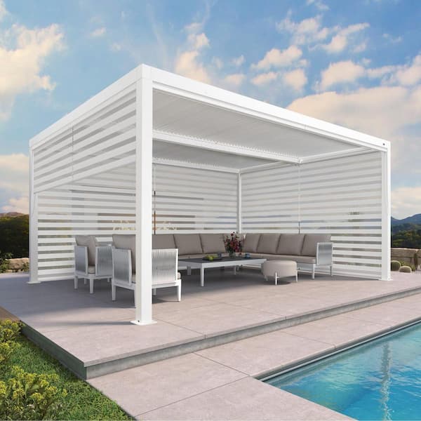 12 ft. x 16 ft. White Aluminum Louvered Pergola with Adjustable Sunshade Roofs and 1-Long 2-Short Side Roller Shade
