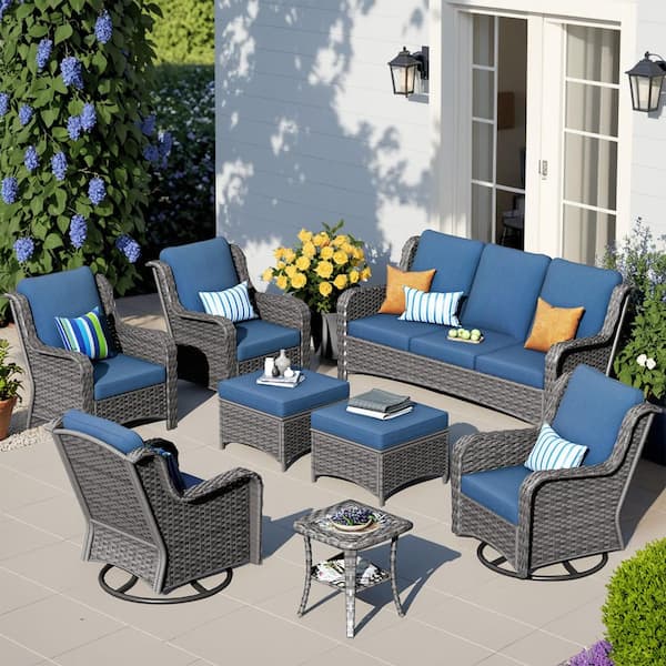 HOOOWOOO Oreille Grey 8-Piece Wicker Outdoor Patio Conversation Sofa Set with Swivel Rocking Chairs and Denim Blue Cushions