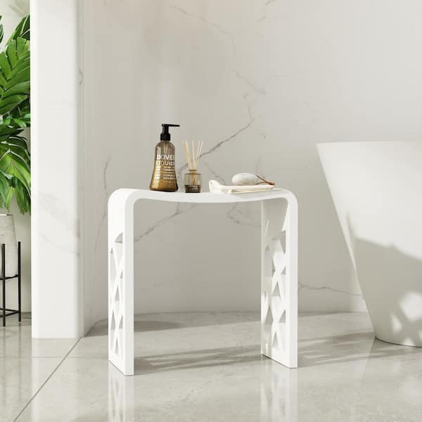 VANITYFUS 9.06 in. W Solid Surface Artistic Hollowing Out Shower Stool Free-standing Waterproof Vanity Seat in Matte White
