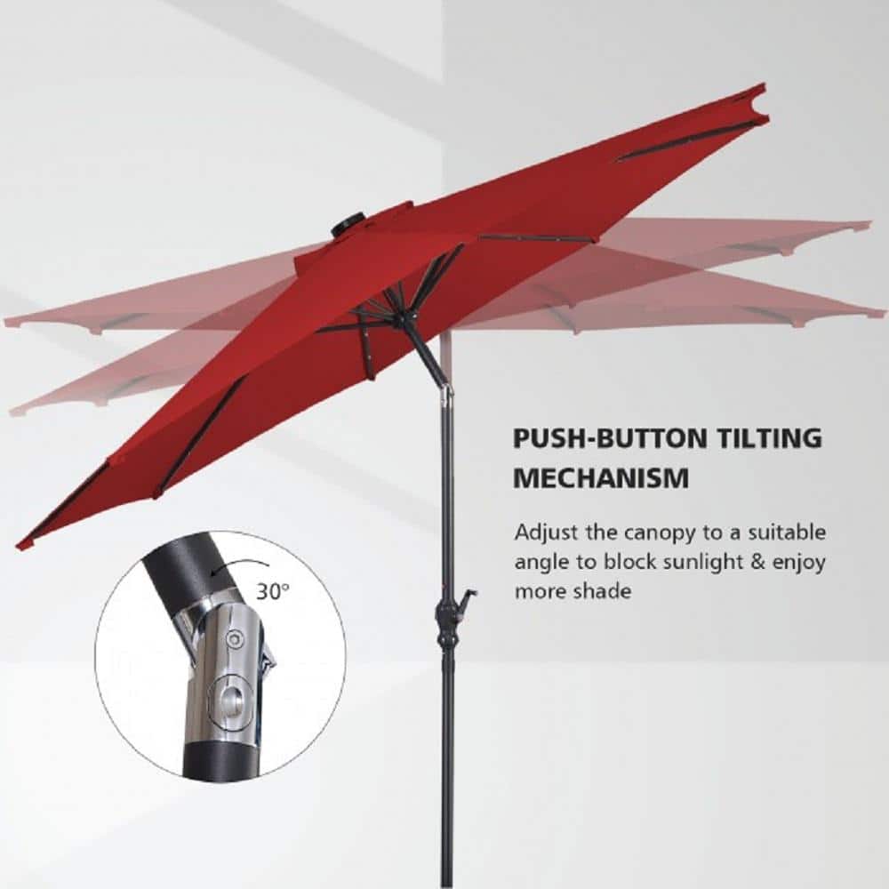 10 ft. Burgundy Metal Market Patio Umbrella with LED Lights