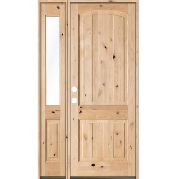Krosswood Doors 46 in. x 96 in. Rustic Unfinished Knotty Alder Arch-Top VG Right-Hand Left Half Sidelite Clear Glass Prehung Front Door