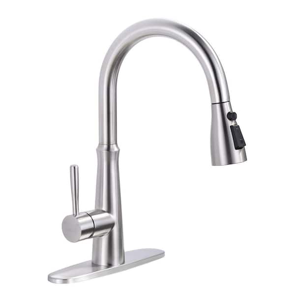 Single Handle Stainless Steel Pull Down Sprayer Kitchen Faucet with 3-Spray Mode in Brushed Nickel