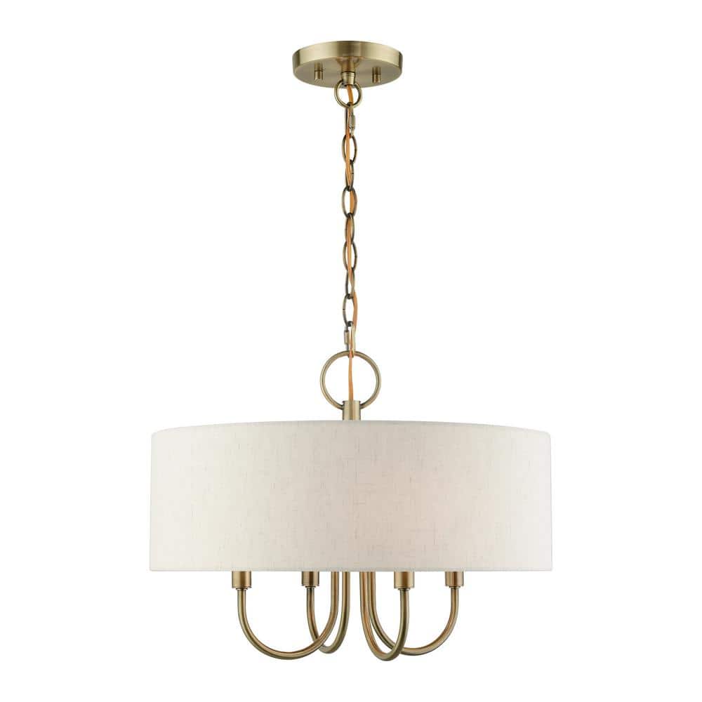 Elegant Antique Brass Drum Pendant Chandelier with Oatmeal Shade