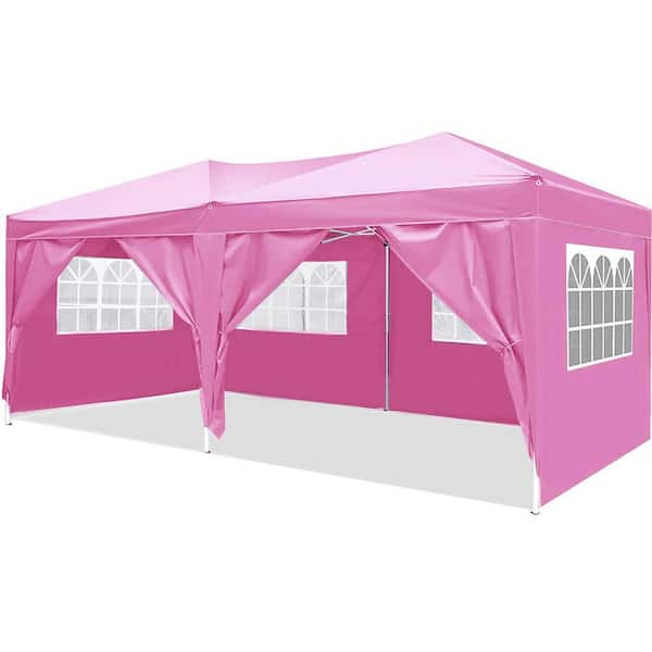 Unbranded 10 ft. W x 20 ft. L Pink Pop-Up Canopy Outdoor Party Folding Tent with 6 Removable Sidewalls CarryBag 4-Piece Weight Bag