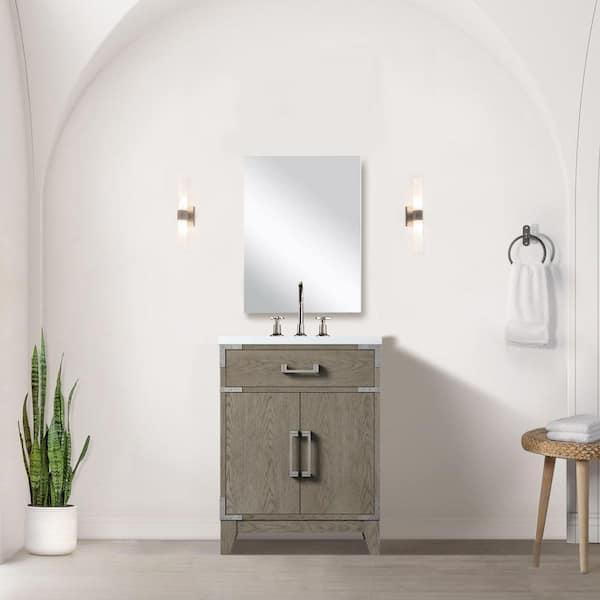 Fossa 24 in. W x 18 in. D Grey Oak Single Bath Vanity with Acrylic Top, 18 in. Mirror and Faucet Set