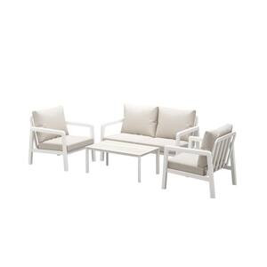 Boston White 4-Piece Aluminum Outdoor Sectional Set with Beige Cushions