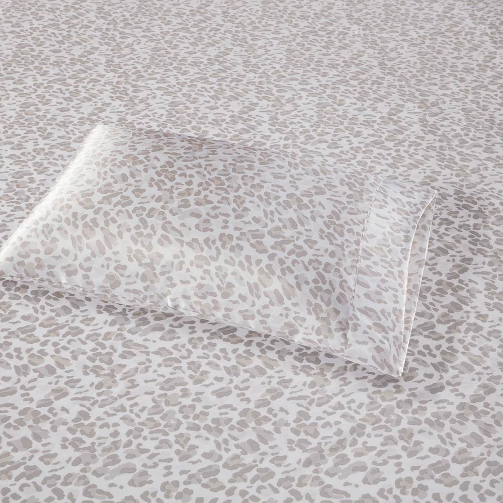 Queen Taupe Leopard Print Satin Sheet Set