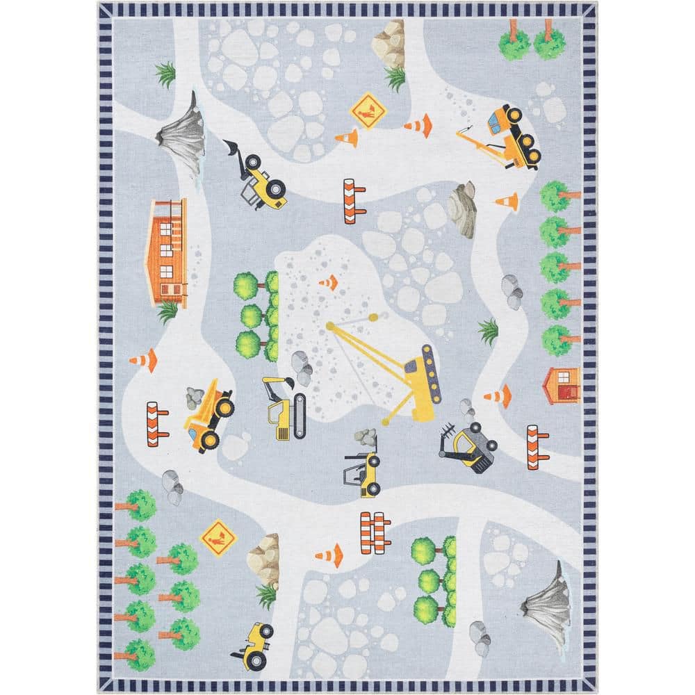 Gray Synthetic Chenille Kids Construction Playmat Rug 5' x 7'
