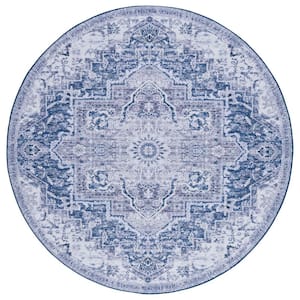Tucson Navy/Gray 6 ft. x 6 ft. Machine Washable Medallion Floral Distressed Round Area Rug