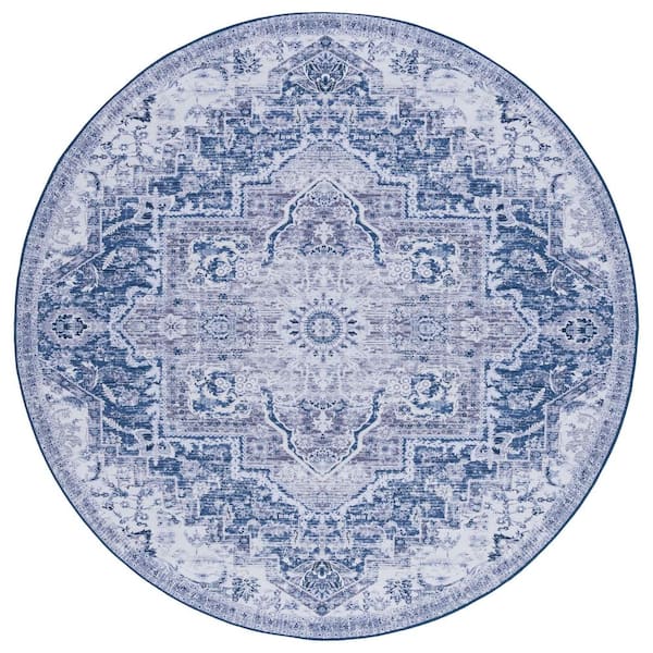 SAFAVIEH Tucson Navy/Gray 6 ft. x 6 ft. Machine Washable Medallion Floral Distressed Round Area Rug