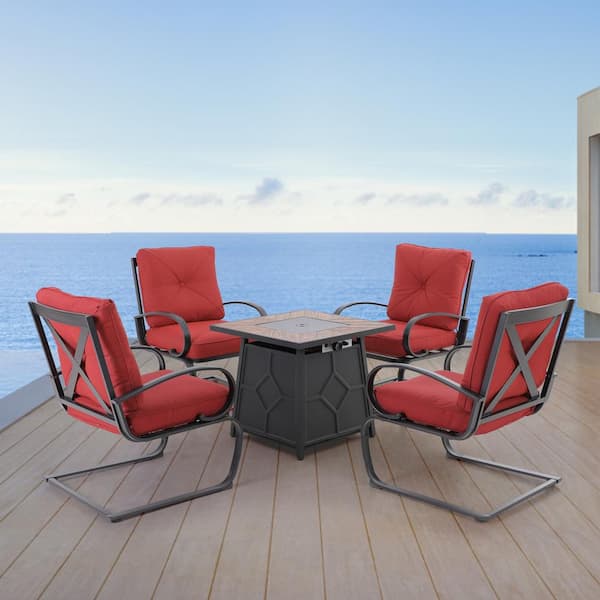 PHI VILLA 5-Piece 28 in. Square Gas Fire Pit Table with Lid, C-Spring Metal Cushioned Lounge Chairs Red Cushions