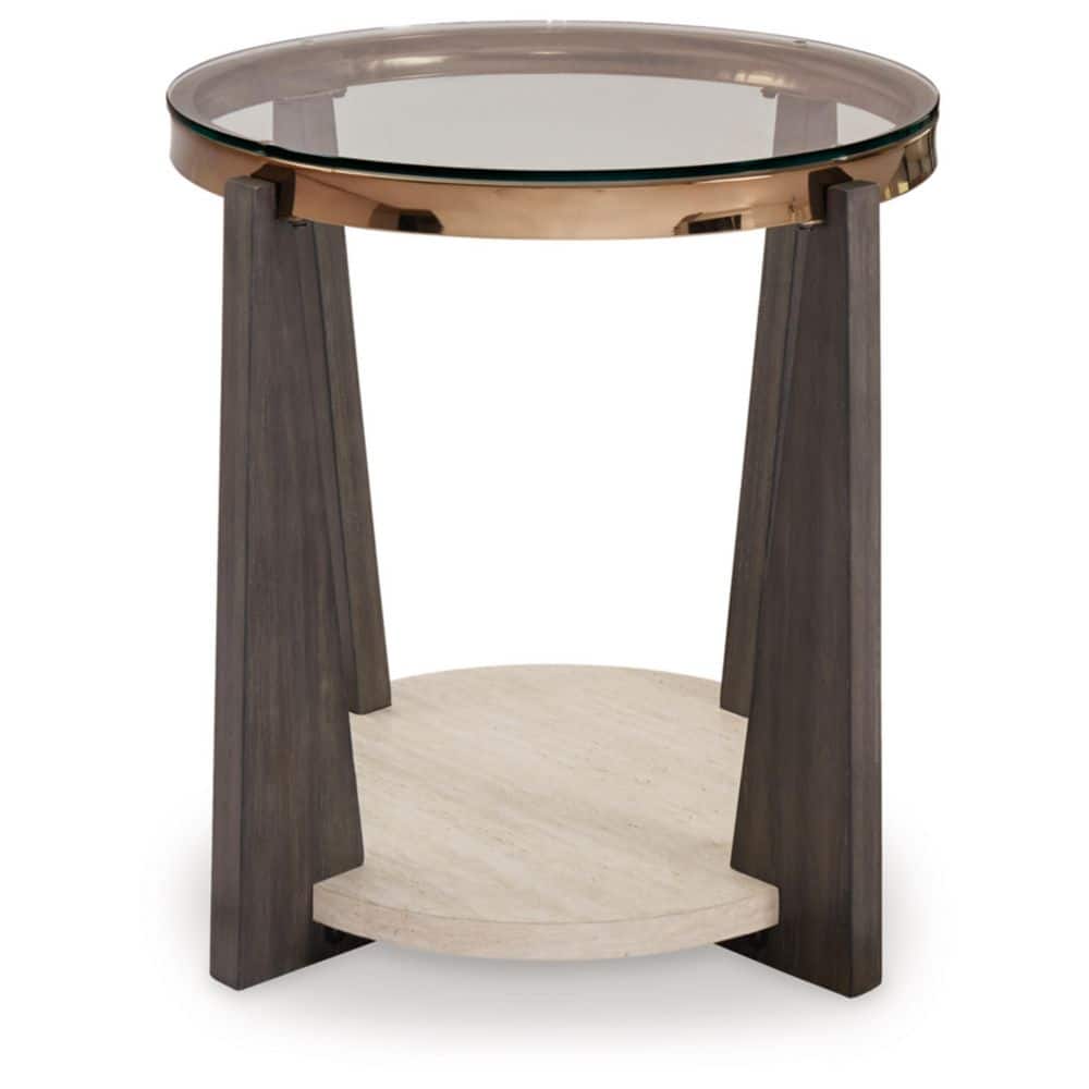 Round Beige and Brown Wood Metal End Table with Glass Top