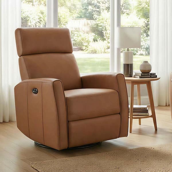 Brown Orbit KMA008 Top Grain Leather Power Swivel Glider Recliner with Dual Armrests