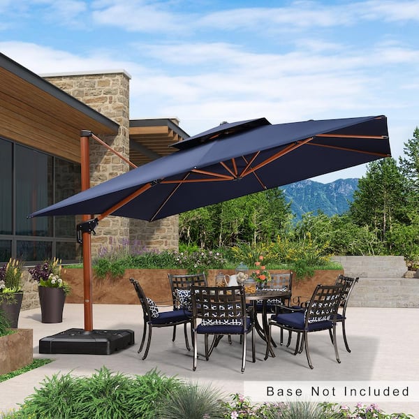 PURPLE LEAF 12 ft. Square All-aluminum 360° Rotation Wood pattern Cantilever Offset Outdoor Patio Umbrella in Navy Blue