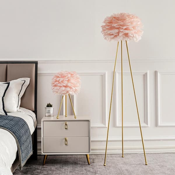 Columbus 60 in. Pink/Gold Tripod Floor Lamp With Feather