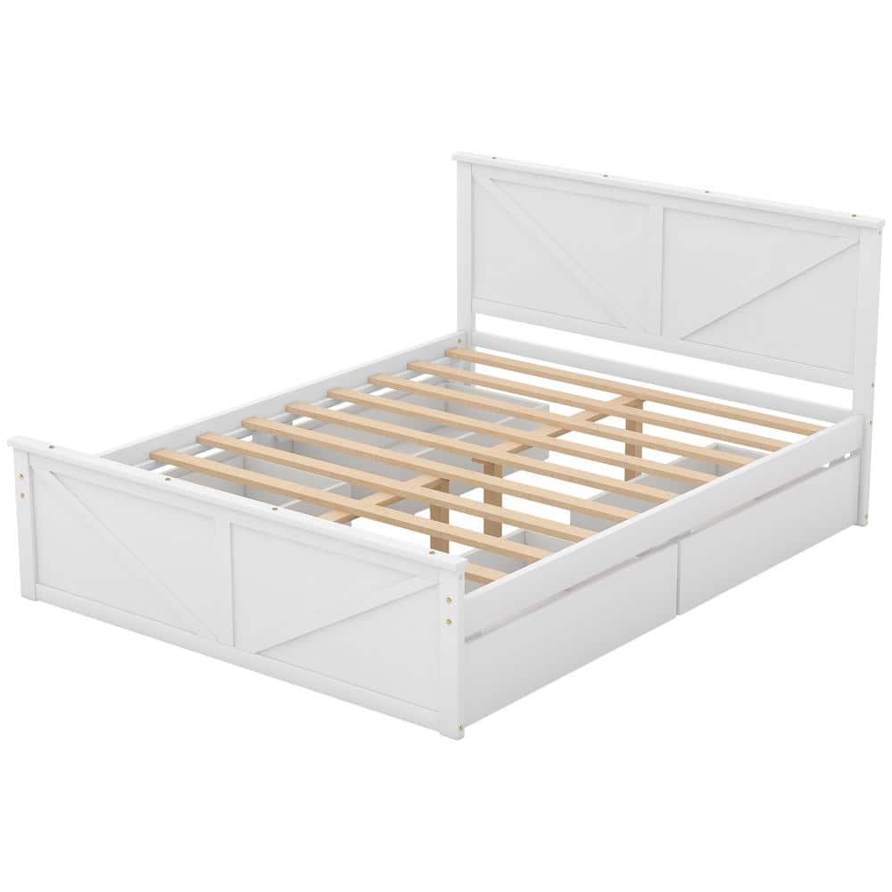 Queen Size White Pine Platform Bed with Storage Drawers