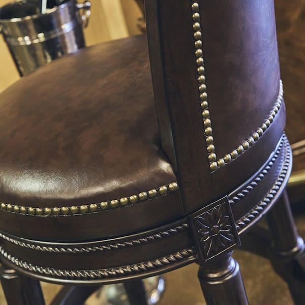 Chapman 26 in. Distressed Walnut High Back Wood Swivel Counter Stool with Brown Faux Leather Seat, 1-Stool