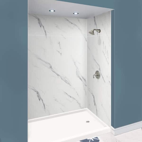 Expressions 48 in. x 48 in. x 96 in. 4-Piece Easy Up Adhesive Alcove Shower Wall Surround in Bianca Expressions 48 in. x 48 in. x 96 in. 4-Piece Easy Up Adhesive Alcove Shower Wall Surround in Bianca