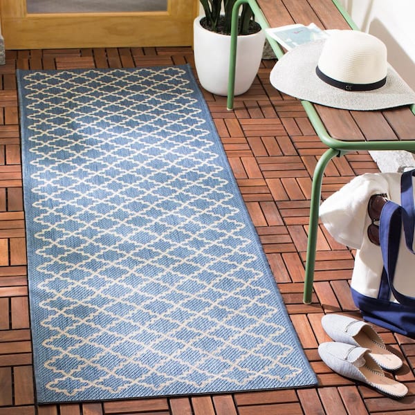 Courtyard Blue/Beige 2 ft. x 10 ft. Geometric Indoor/Outdoor Patio  Runner Rug