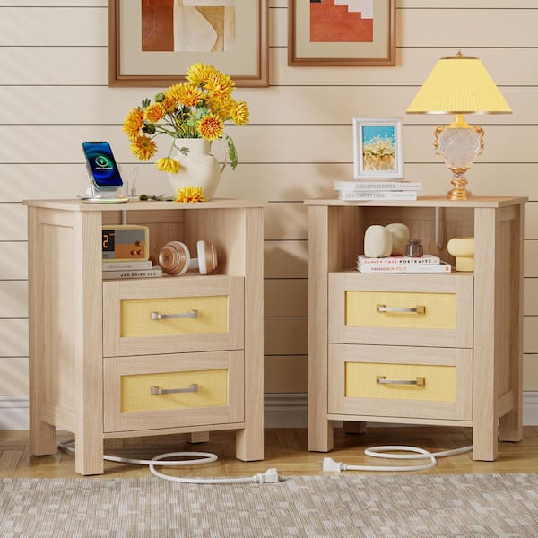 Rattan Nightstand with Charging Station, End Table with 2-Storage Drawers and 1-Open Shelf, for Bedroom, Natural