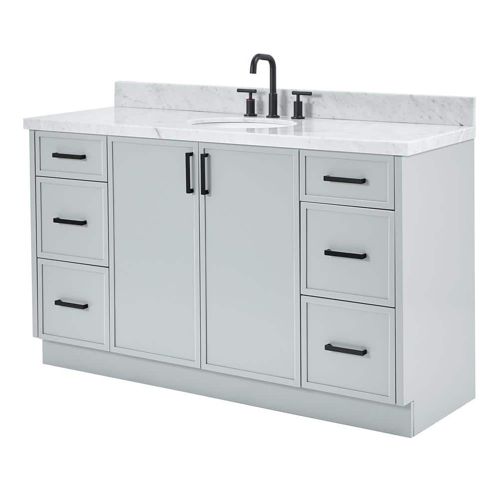 Gray Solid Wood Freestanding Single Sink Bathroom Vanity with Marble Top