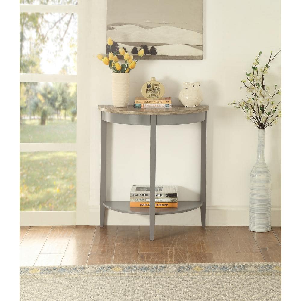 Contemporary Demilune Wooden Console Table with Open Shelf in Gray Oak