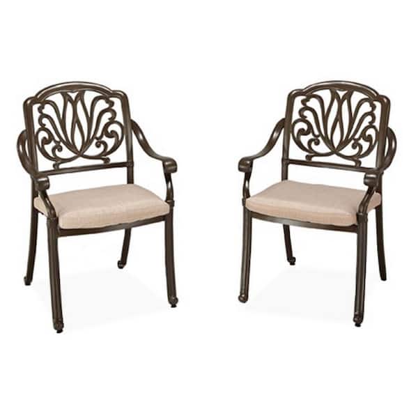HOMESTYLES Capri Taupe Tan Brown Stationary Outdoor Arm Chairs with Natural Tan Cushions (Set of 2)