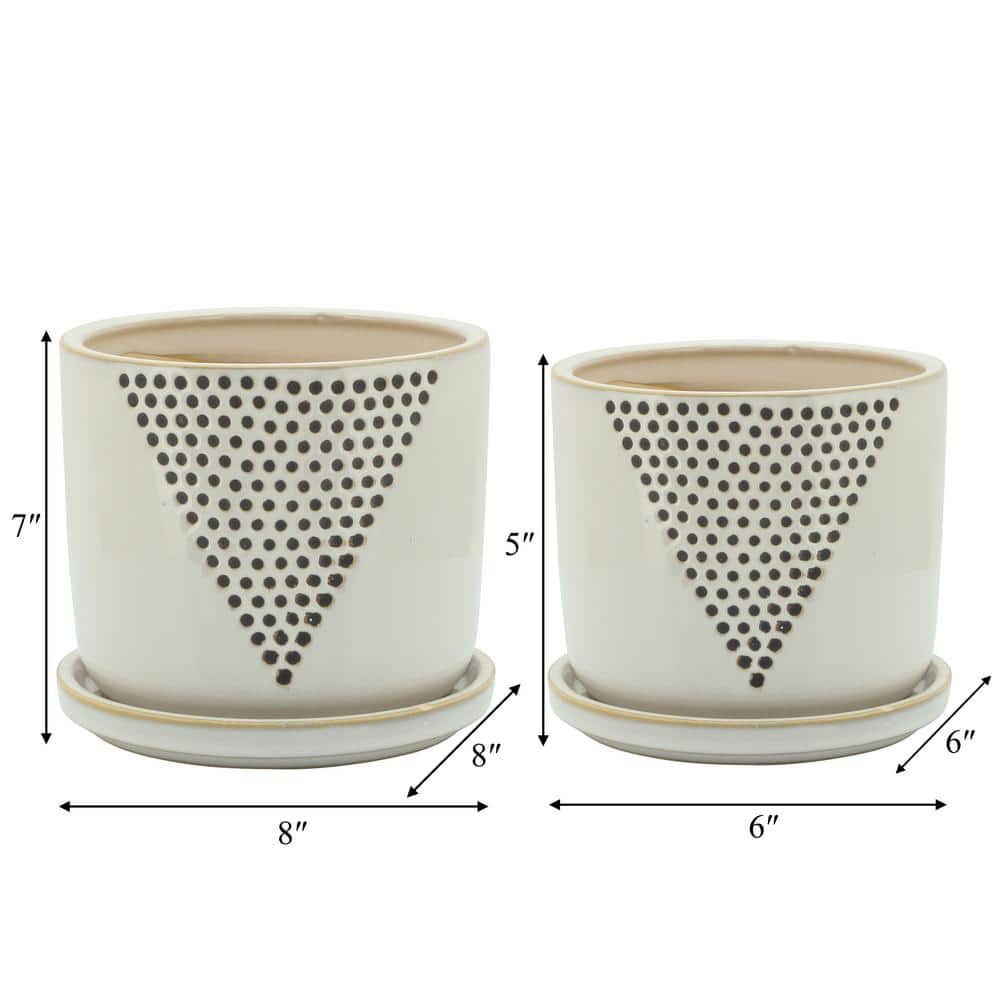 Elegant 6" White Ceramic Planter Pots with Black Dot Pattern and Saucers