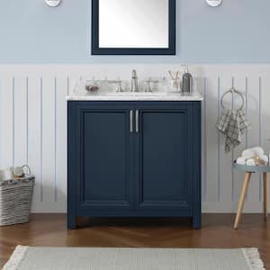 Sandon 36 in. W x 22 in. D x 34 in. H Single Sink Bath Vanity in Midnight Blue with Carrara Marble Top