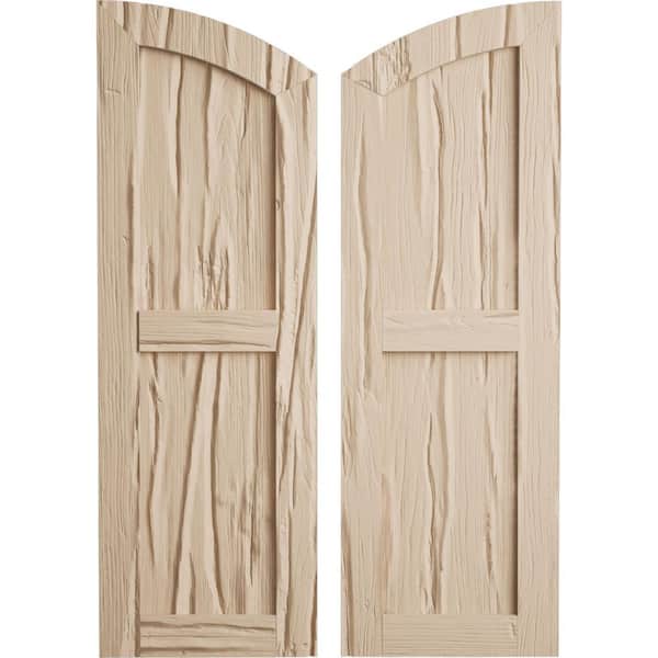 Ekena Millwork 15 in. x 56 in. Polyurethane Timberthane Riverwood Two Equal Flat Panel Elliptical Top Faux Wood Shutters Primed Tan