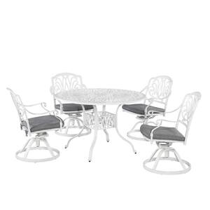 Capri White 48 in. 5-Piece Cast Aluminum Round Outdoor Dining Set with Umbrella with Gray Cushions