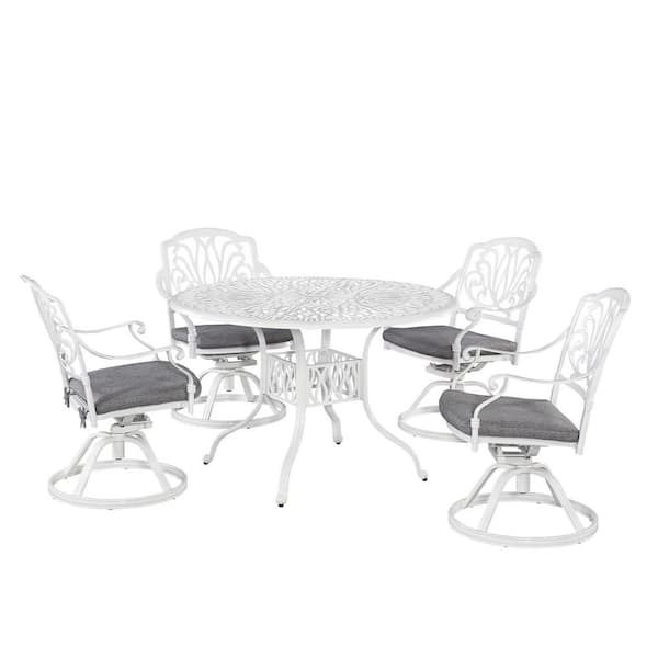 HOMESTYLES Capri White 48 in. 5-Piece Cast Aluminum Round Outdoor Dining Set with Umbrella with Gray Cushions