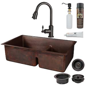 All-in-One Undermount Copper 33 in. 0-Hole 60/40 Double Bowl Short Divide Kitchen Sink with Faucet in Oil Rubbed Bronze