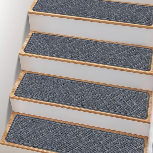 Gray 8 in. x 30 in. Polyester Stair Tread Cover Set of 15 with Non-Slip Surface and Peel & Stick Adhesive