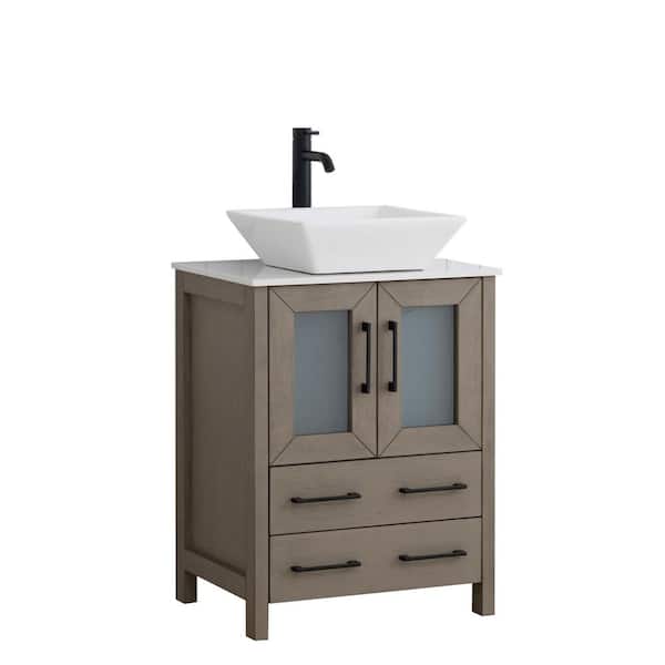 Vanity Art 24 in. W Single Basin Driftwood Gray Bath Vanity with White Engineered Marble Top and Mirror