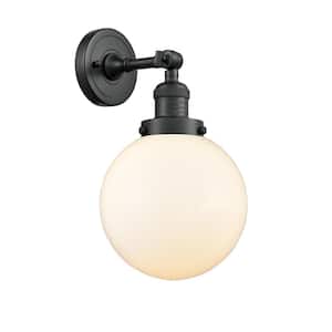 Franklin Restoration Large Beacon 8 in. 1-Light Matte Black Wall Sconce with Matte White Glass Shade