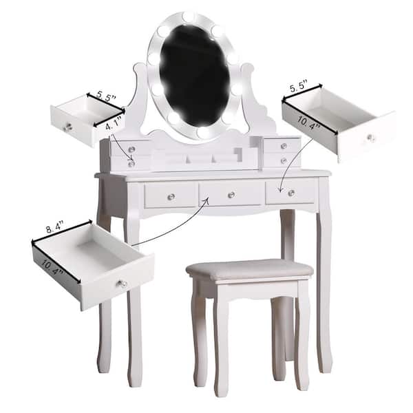Veikous White Wooden Bedroom Vanity Sets Makeup Table With Oval Led Light Mirror And Stool Szt007 The Home Depot