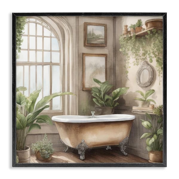 Traditional Bathroom with Plants by Kim Allen Black Framed Giclee Art Print Typography 12 in. x 12 in.