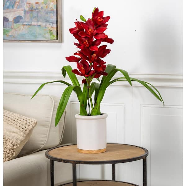 GERSON INTERNATIONAL 26 in. Artificial Tall Real Touch Ultra-Realistic Red Cymbidium Orchid Arrangement in Modern White Ceramic and Wood Pot