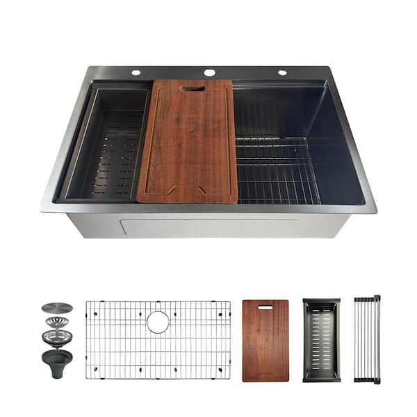 33 in. Drop-in 3-Hole Single Bowl 16-Gauge Gunmetal Black Stainless Steel Workstation Kitchen Sink with Accessories