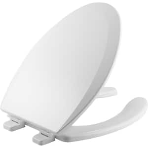 Adjustable Never Loosens Elongated Enameled Wood Open Front Toilet Seat in White